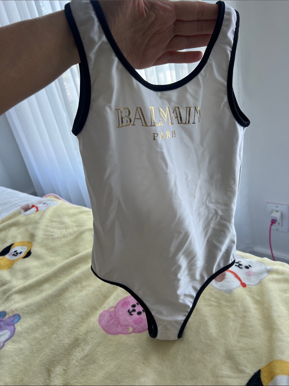 Balmain White swimsuit with  Gold Logo and Black Trim
